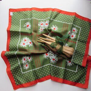 Ladies Scarf White Daisies Spinach Green Dots Orangey Red